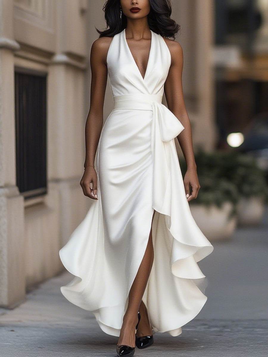 Cream satin wrap maxi dress with V-neck and tied waist sash, layered ruffle hem