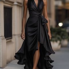 Black satin wrap maxi dress with sleeveless V-neck and draped waist tie