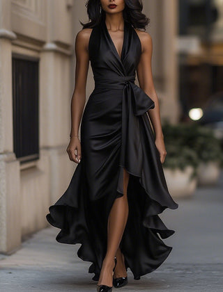 Black satin wrap maxi dress with sleeveless V-neck and draped waist tie