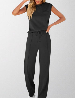 Black sleeveless lounge co-ord set with pocket top and drawstring wide-leg pants