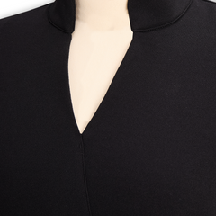 Black midi dress with V-shaped neckline and structured shoulder seam