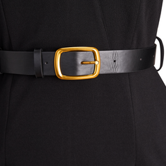 Black midi dress with black belt and gold rectangular buckle detail
