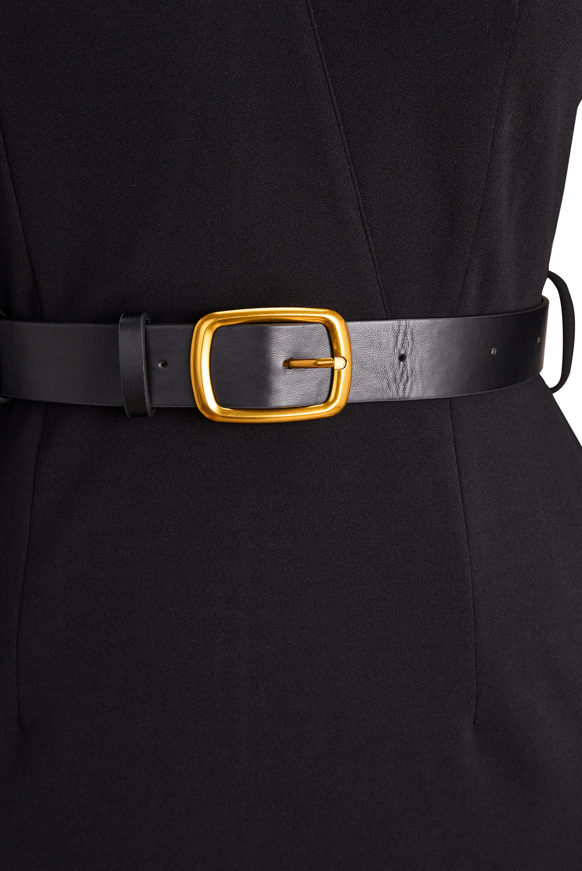 Black midi dress with black belt and gold rectangular buckle detail
