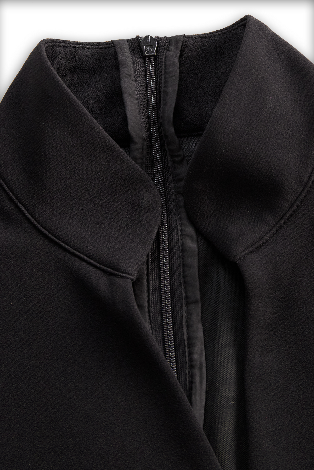 Black midi dress front zipper with high collar and seam lines