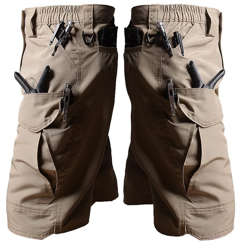Light tan outdoor tactical shorts with elastic waistband, cargo pockets, and tool strap loops