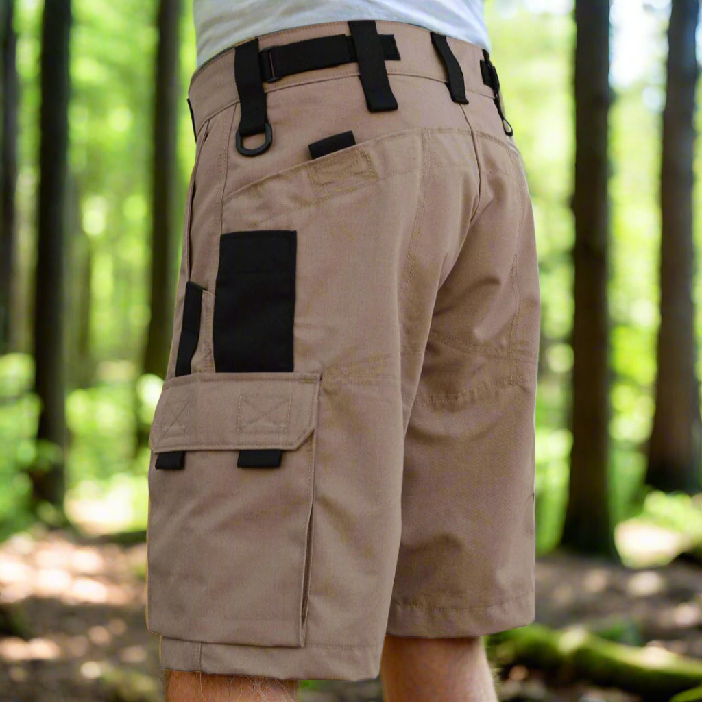 Khaki outdoor cargo shorts, back view with flap pocket and belt loops