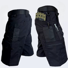 Black outdoor cargo shorts, side zip pocket, multiple flap pockets, belt loops