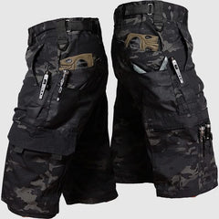 Black camo cargo outdoor shorts, side zip pocket, belt loops, adjustable waistband