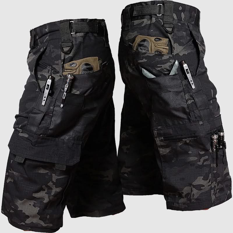 Black camo cargo outdoor shorts, side zip pocket, belt loops, adjustable waistband