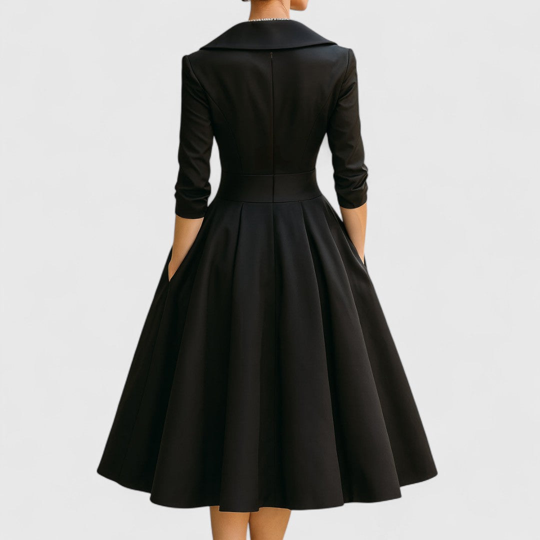 Black midi dress back view with fitted waist, flared skirt, and three-quarter sleeves