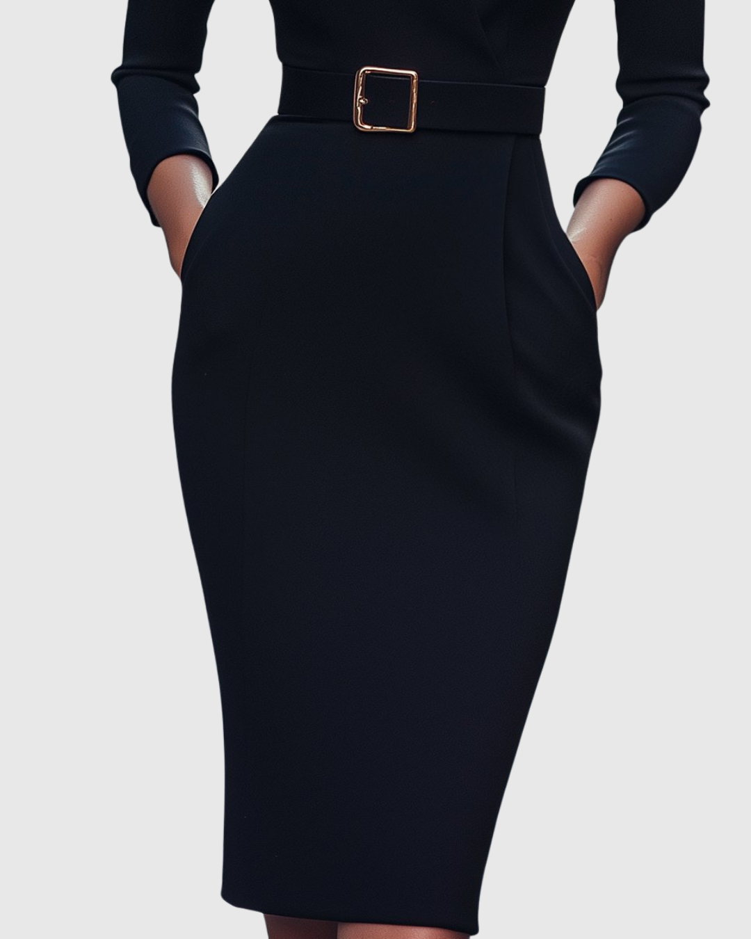 Fitted dark midi dress with waist belt and square gold buckle; long sleeves.