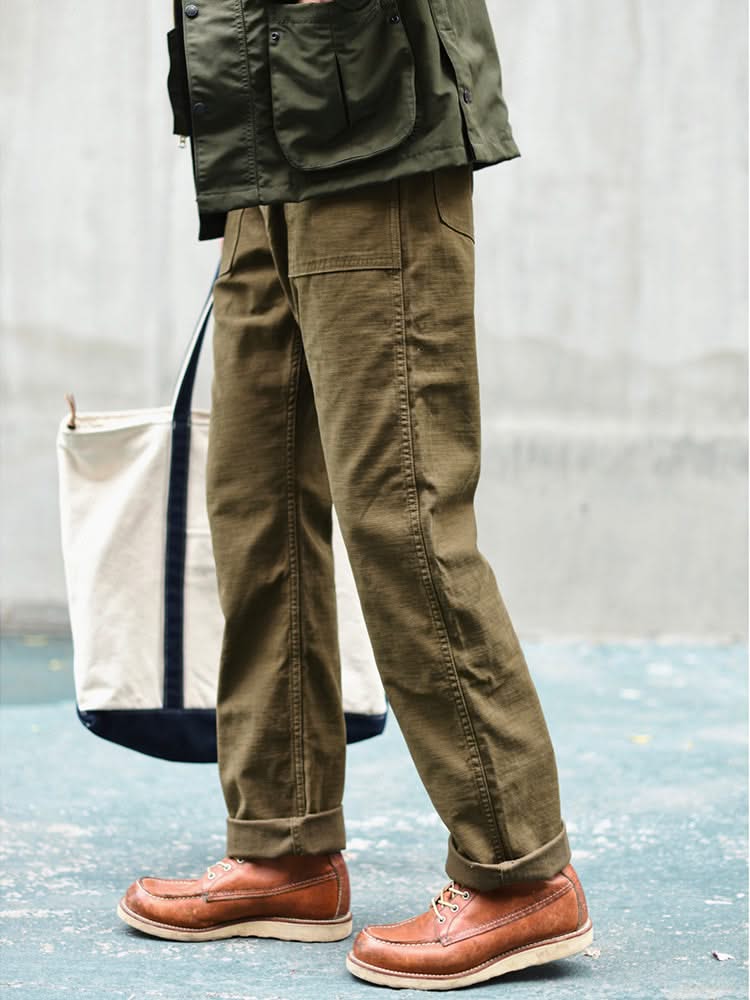 Olive straight fatigue pants with multiple cargo pockets and relaxed straight leg