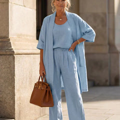 3-piece linen-blend outfit set in light blue: scoop tank, wide-leg pants, kimono top