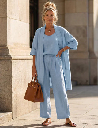 3-piece linen-blend outfit set in light blue: scoop tank, wide-leg pants, kimono top