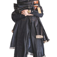 Indigo denim jeans layered display with belt loops, button fly, and contrast cuffs