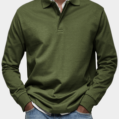 Men's long-sleeve polo shirt in olive green, button placket and ribbed cuffs