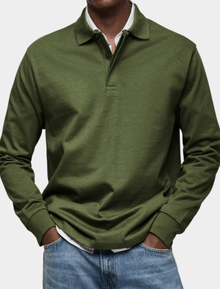 Men's long-sleeve polo shirt in olive green, button placket and ribbed cuffs