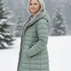 Light green fleece-lined puffer coat with hood and front zip detail
