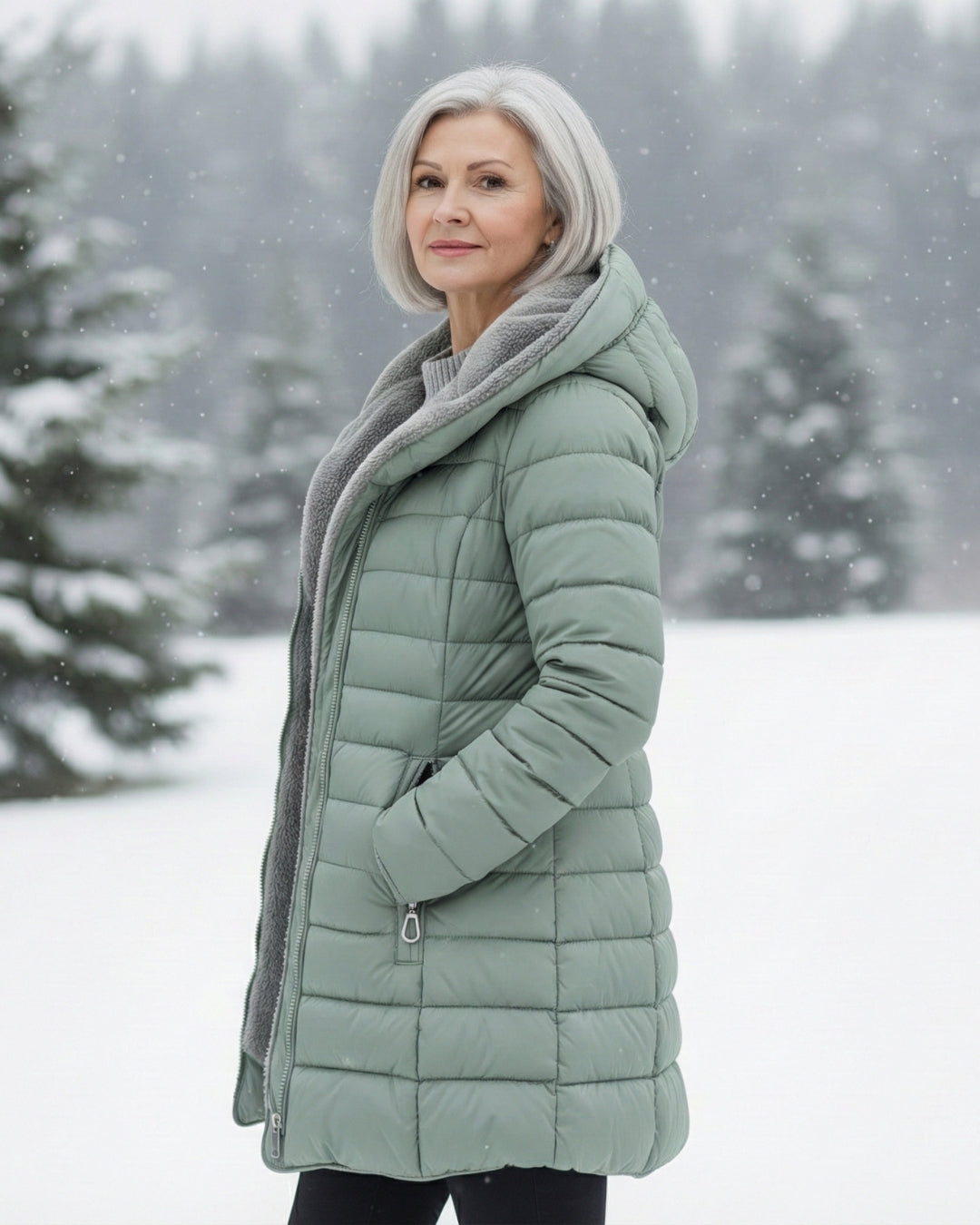 Light green fleece-lined puffer coat with hood and front zip detail