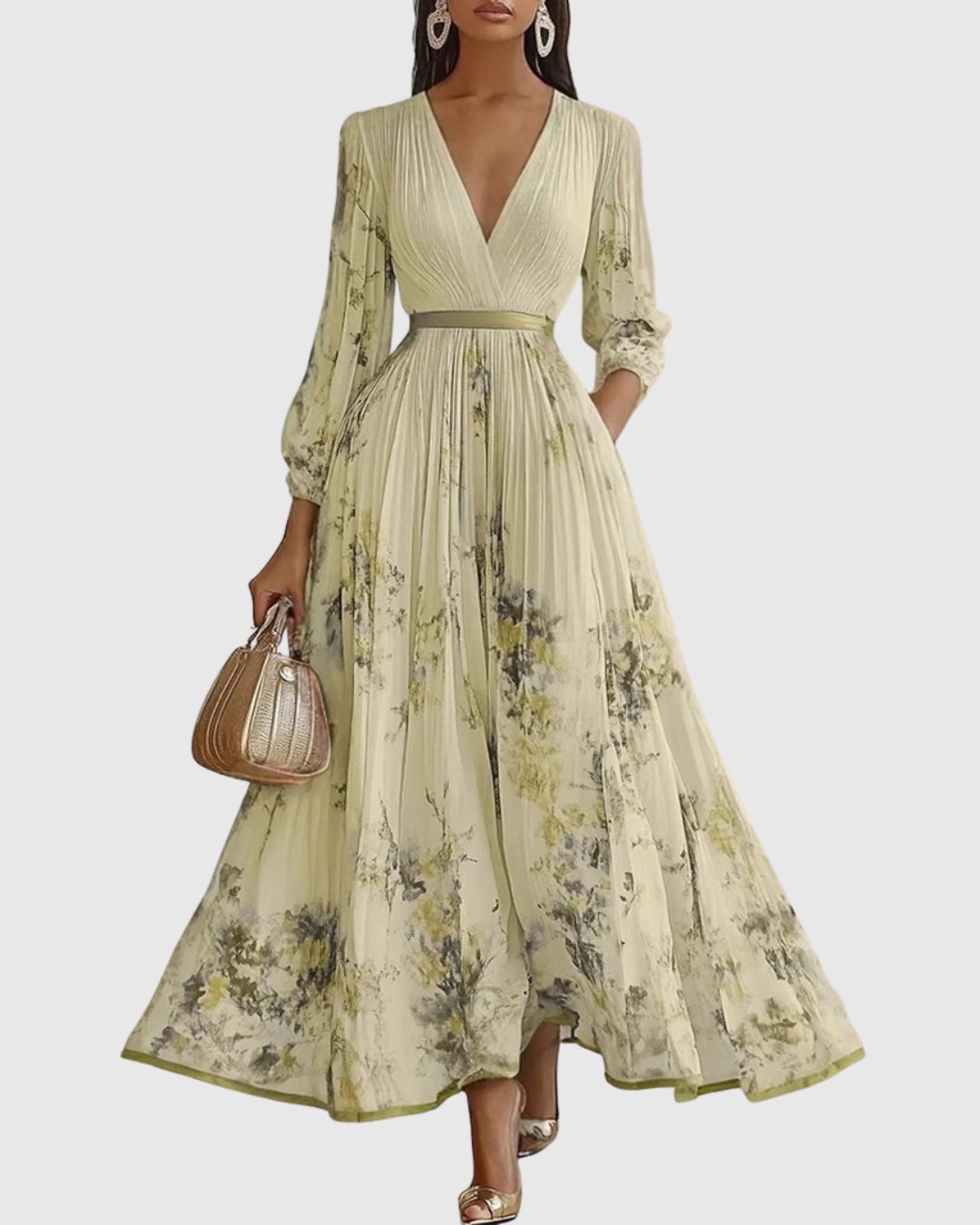 Lime-green pleated maxi dress with V-neck, gathered waist and floral print, long sleeves.