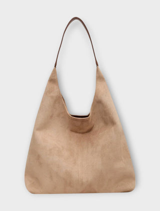 Cream suede-style handbag with single top handle and open interior
