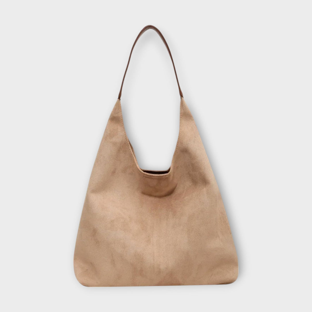 Cream suede-style handbag with single top handle and open interior