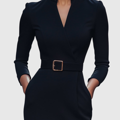 Dark fitted midi dress with V-neck, long sleeves, and waist belt with square gold buckle.