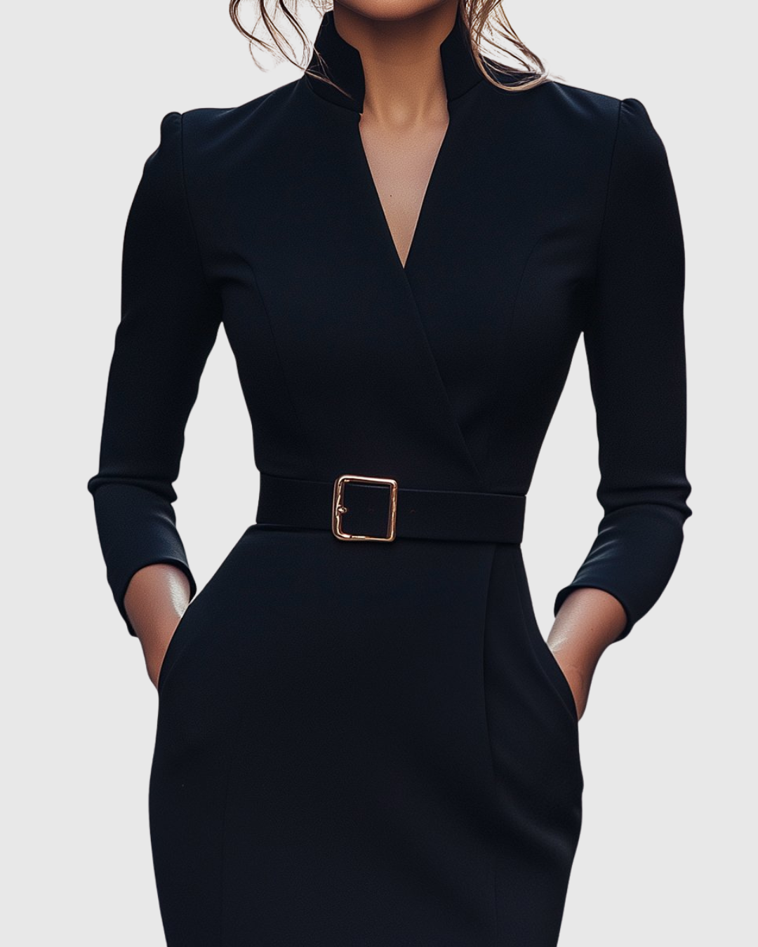 Dark fitted midi dress with V-neck, long sleeves, and waist belt with square gold buckle.