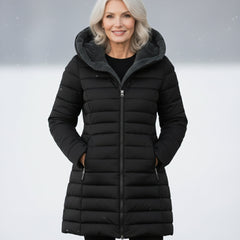 Black fleece-lined hooded puffer coat with front zipper and structured quilted panels