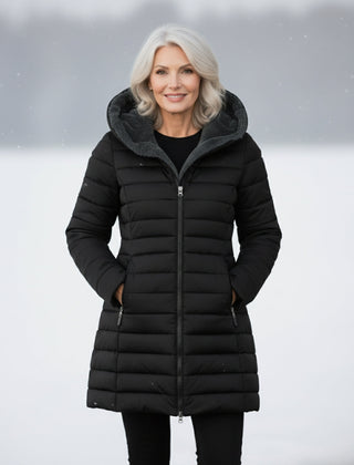 Black fleece-lined hooded puffer coat with front zipper and structured quilted panels