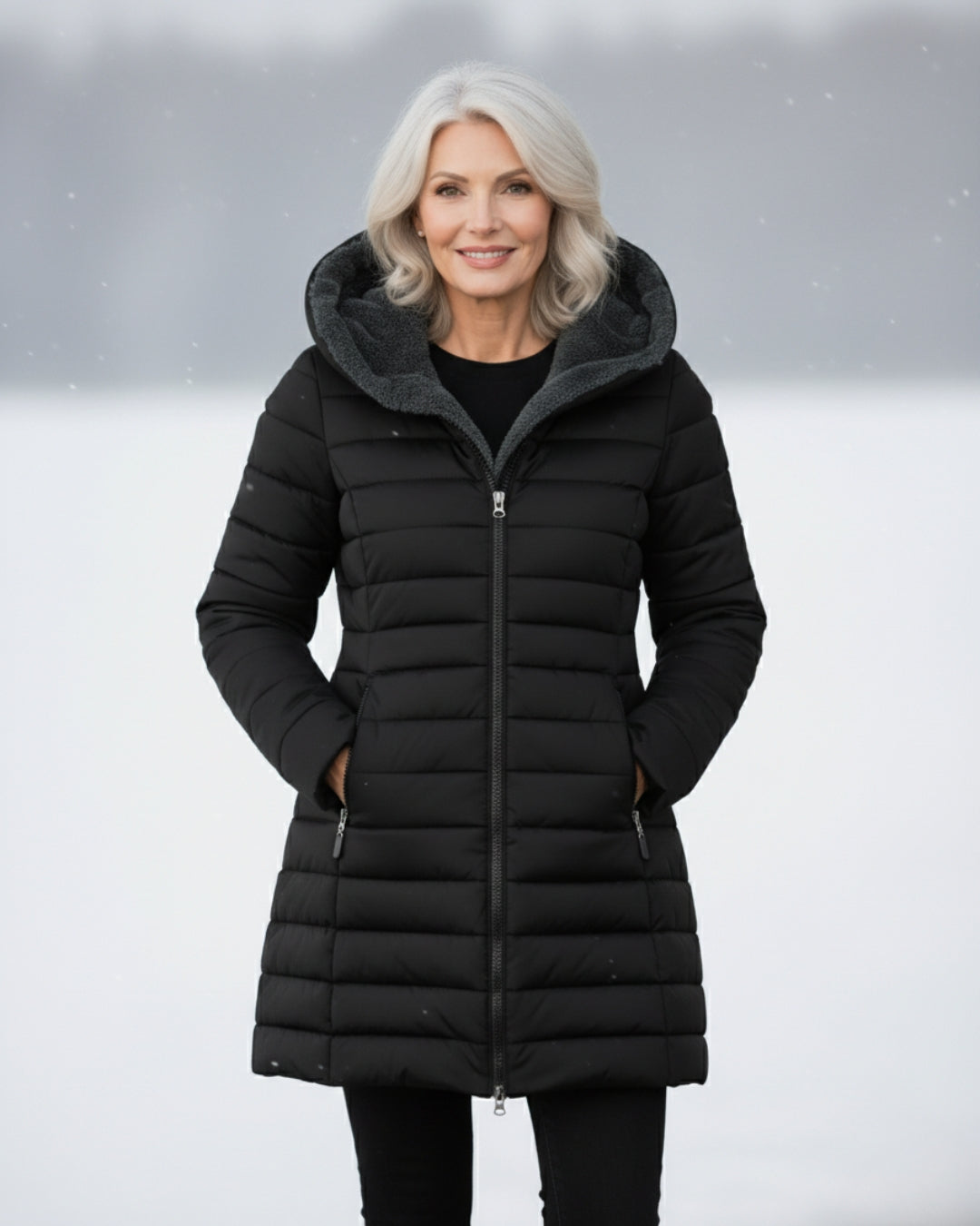 Black fleece-lined hooded puffer coat with front zipper and structured quilted panels