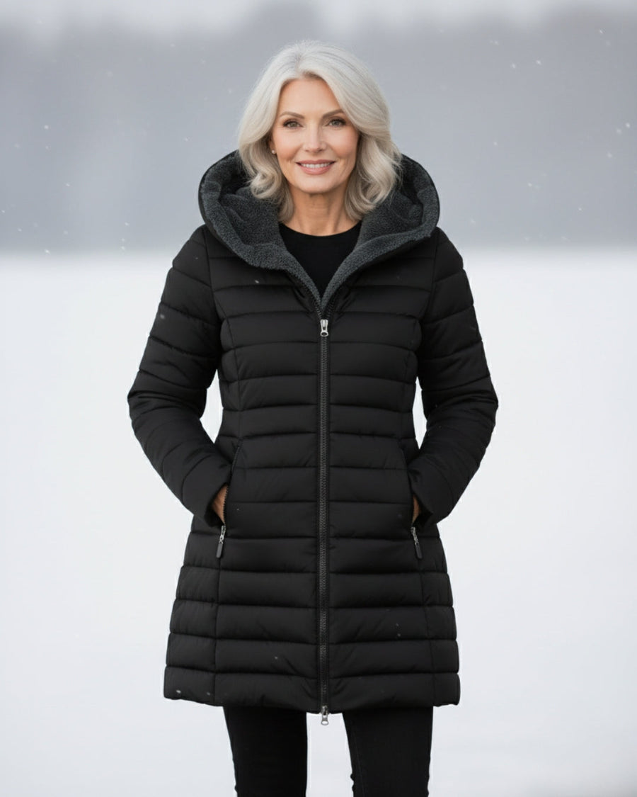 Black fleece-lined hooded puffer coat with front zipper and structured quilted panels