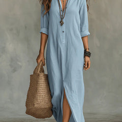 Light blue button-front maxi dress with collar, 3/4 sleeves and front slit