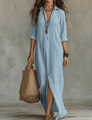 Light blue button-front maxi dress with collar, 3/4 sleeves and front slit