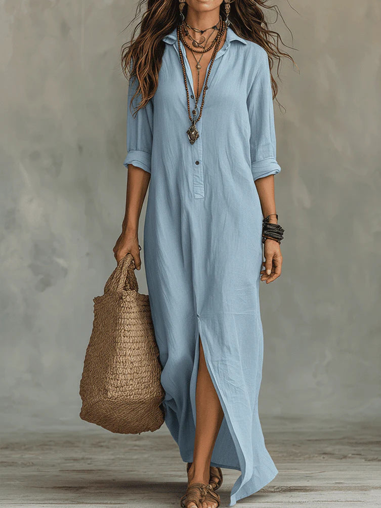 Light blue button-front maxi dress with collar, 3/4 sleeves and front slit