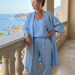 Light blue 3-piece outfit set: scoop tank top, wide-leg pants, flowing kimono cardigan