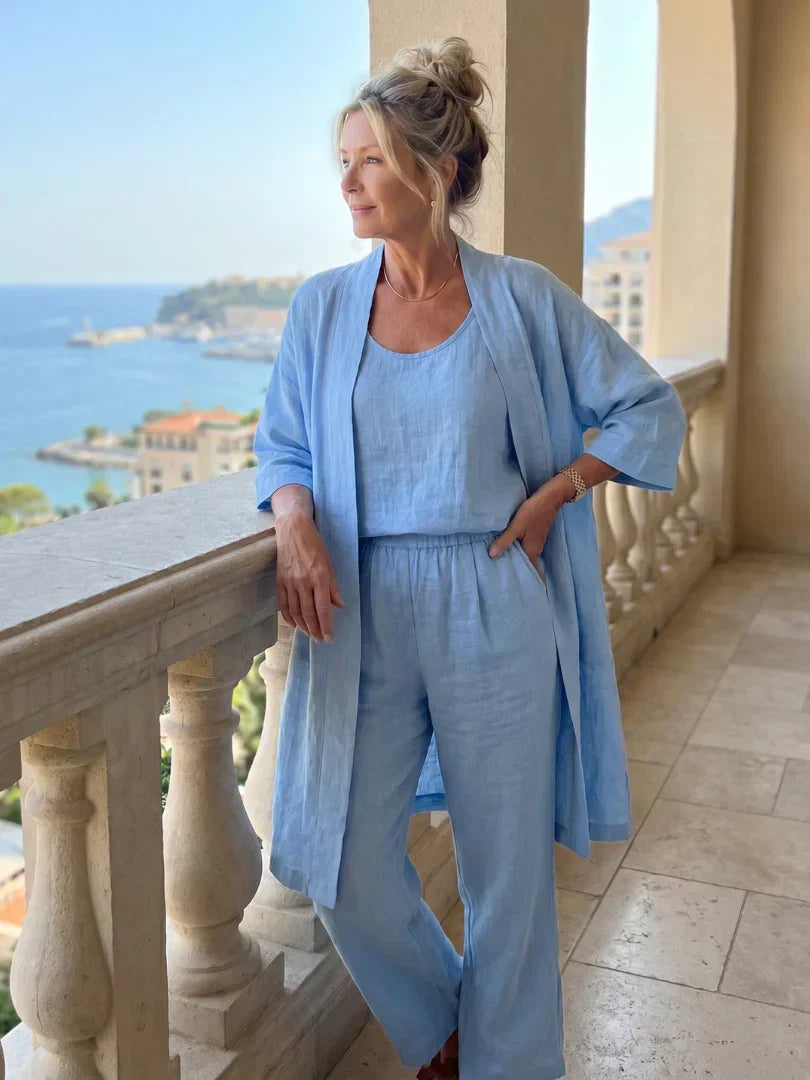 Light blue 3-piece outfit set: scoop tank top, wide-leg pants, flowing kimono cardigan