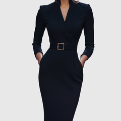 Navy fitted midi dress with V-neck, long sleeves, and gold square waist buckle belt.