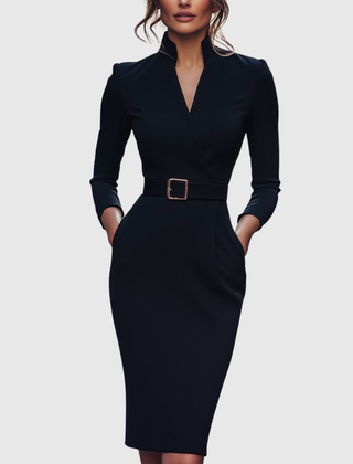 Navy fitted midi dress with V-neck, long sleeves, and gold square waist buckle belt.