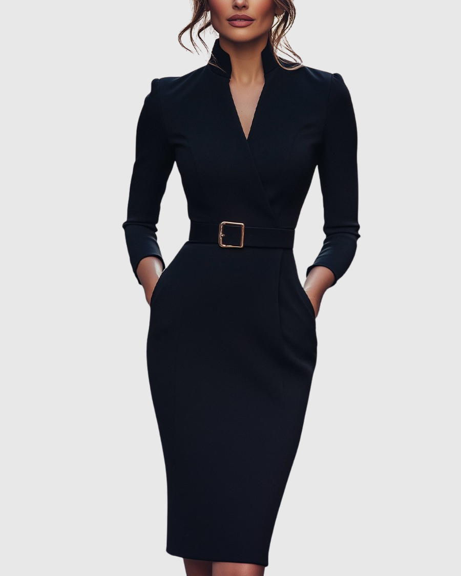 Navy fitted midi dress with V-neck, long sleeves, and gold square waist buckle belt.