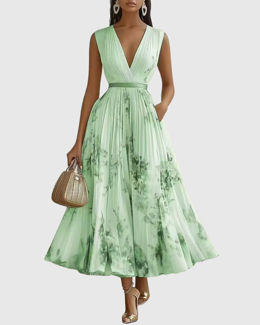 Green pleated maxi dress with V-neck, gathered waist and sleeveless bodice.
