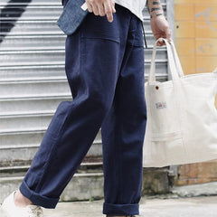 Navy straight fatigue pants with relaxed straight leg and side pockets