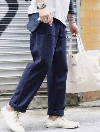 Navy straight fatigue pants with relaxed straight leg and side pockets
