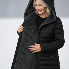 Black fleece-lined hooded puffer coat with open hood lining and front zipper