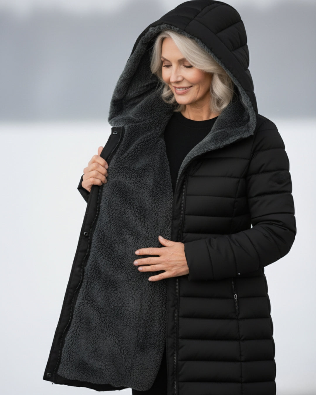Black fleece-lined hooded puffer coat with open hood lining and front zipper