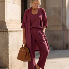 Women's wine red 3-piece set with scoop tank, wide-leg pants, and open kimono