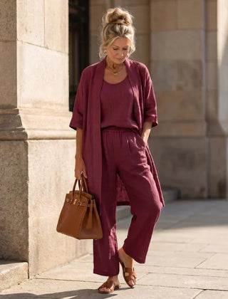 Women's wine red 3-piece set with scoop tank, wide-leg pants, and open kimono
