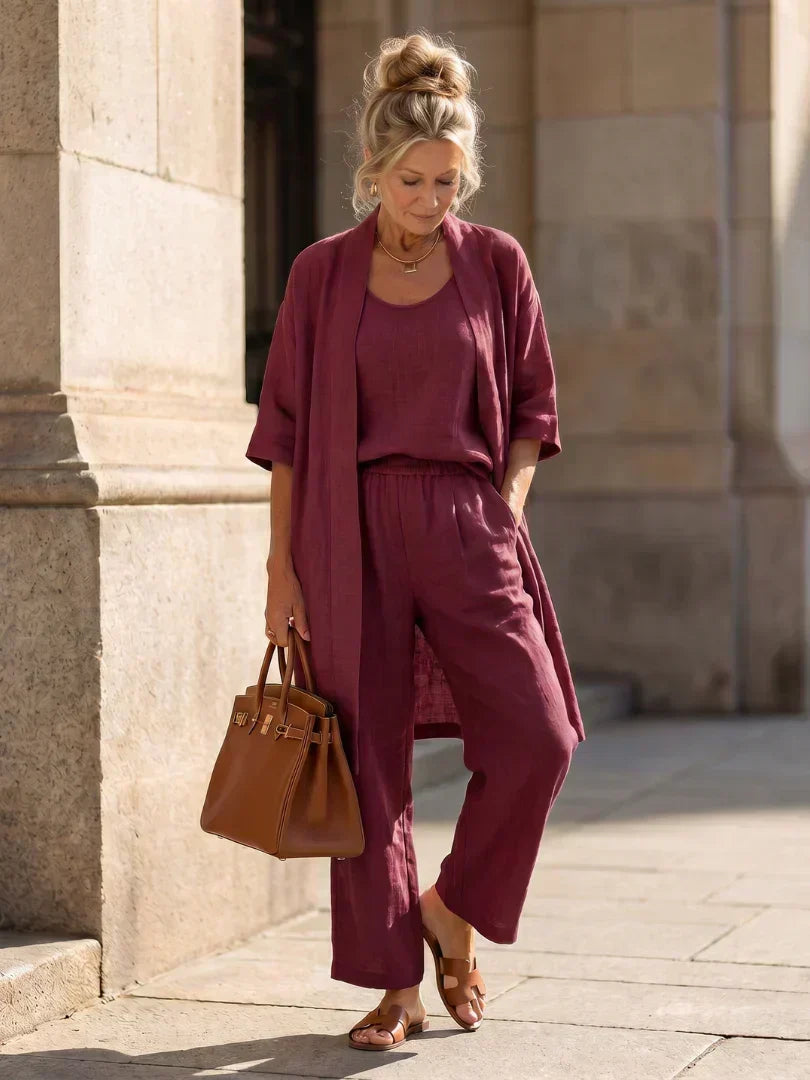 Women's wine red 3-piece set with scoop tank, wide-leg pants, and open kimono