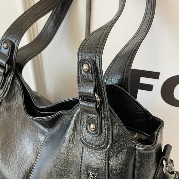 RAE Classic leather handbag, black tone with double top handles and front zip pockets