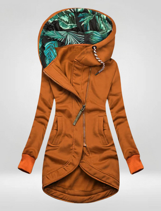 Orange weatherproof winter coat with hood, front zipper, and drawstring hem